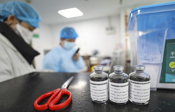 Bottles of Remdesivir in a hospital for COVID-19 patients in Wuhan in central China's Hubei province Wednesday, Feb. 12, 2020.  (FeatureChina via AP Images)